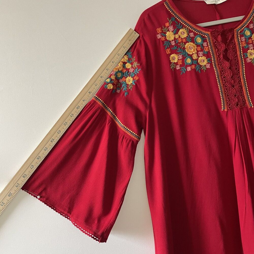 Umgee Boho Embroidered Red Bell Sleeve Tunic Shift Dress Size XL - Picture 9 of 11